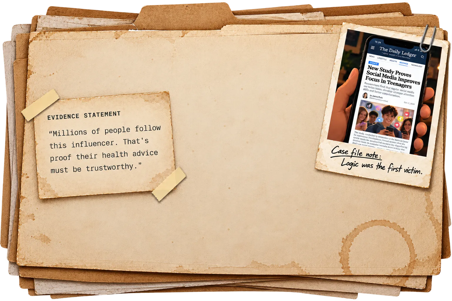 An aged case folder holding a taped evidence card that reads: Evidence statement. Millions of people follow this influencer. That's proof their health advice must be trustworthy. A Polaroid clipped to the folder shows a hand holding a phone with a fictional headline claiming a study proves social media improves focus in teenagers.