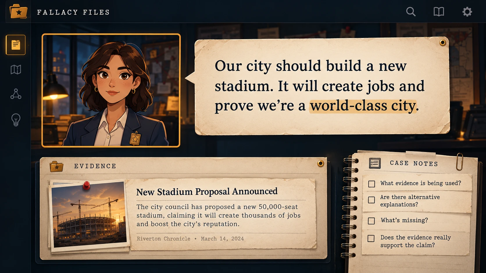 A detective character presents an argument about building a new stadium, with an evidence card and case notes below.
