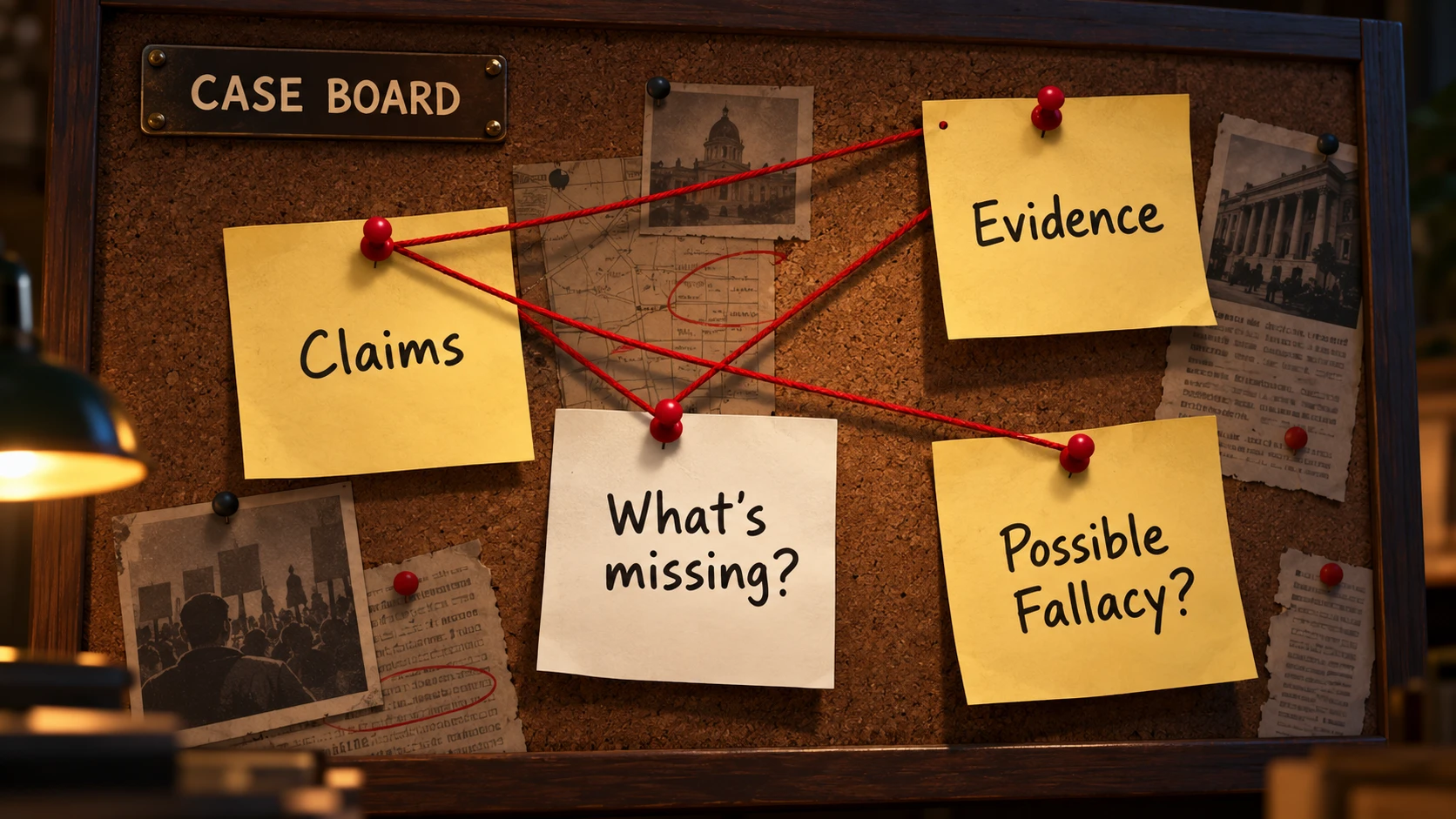 A cork case board with notes labeled Claims, Evidence, What's missing, and Possible Fallacy, connected by red string.